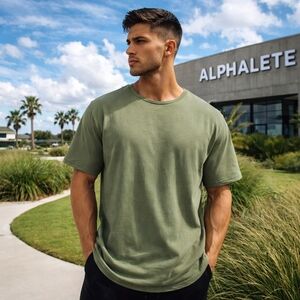 Alphalete Olive Green Cotton Blend Men's Crew Neck Athletic Tee Shirt